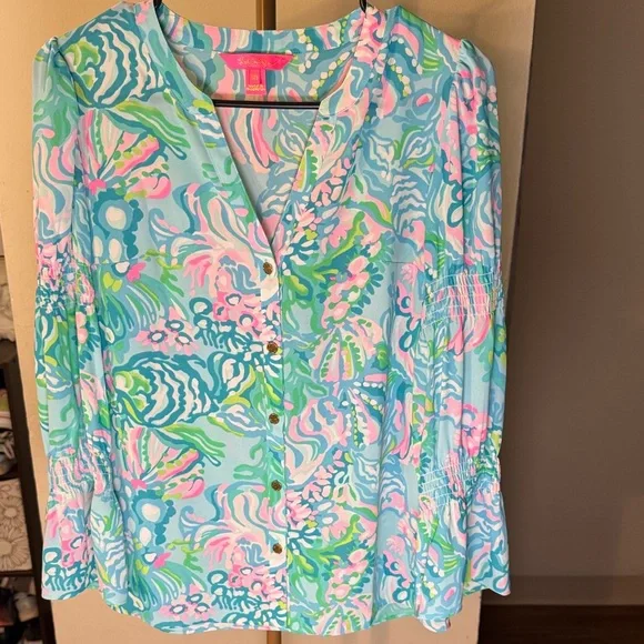 Lilly Pulitzer Women's Vibrant Blue and Pink Blouse - Picture 4 of 6